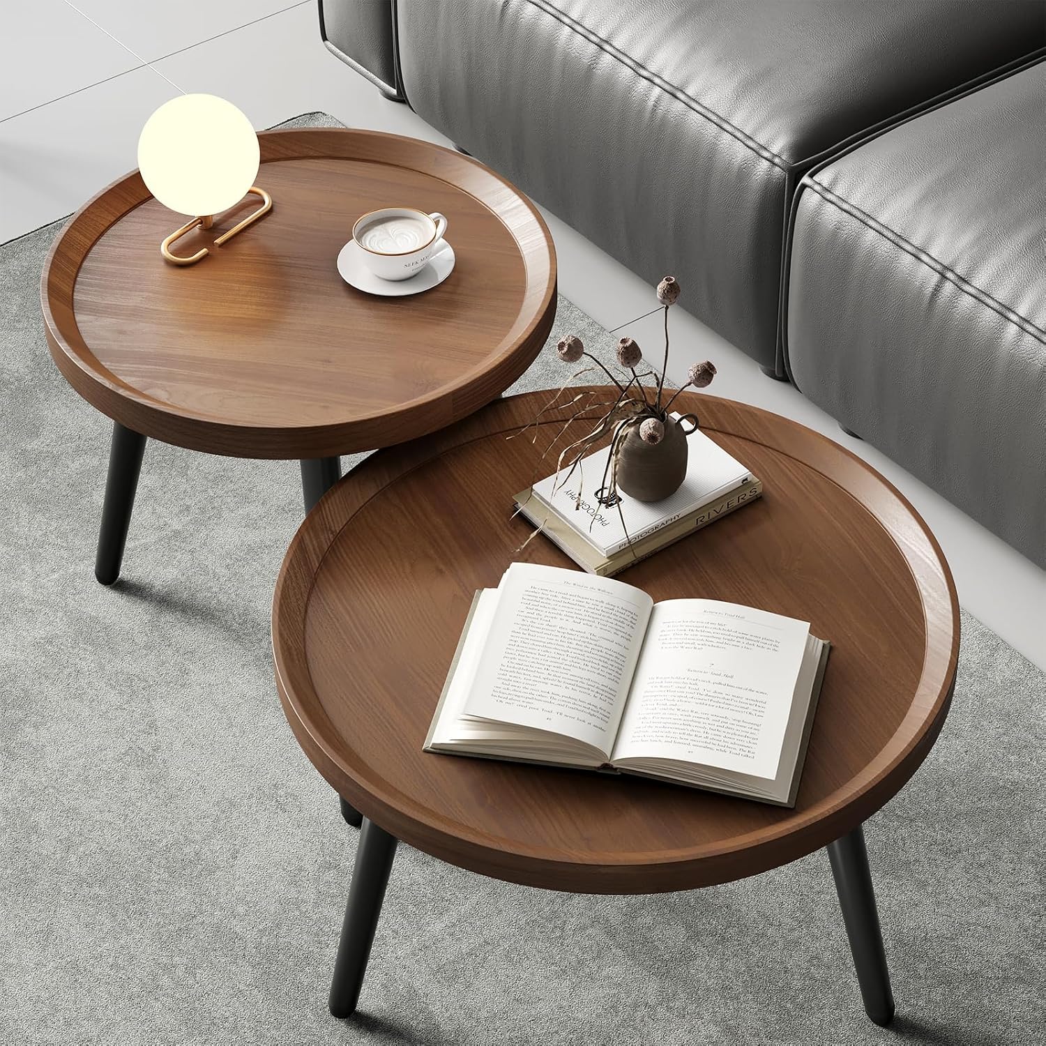 Small Round Nesting Coffee Table Set, 2 Pcs, Walnut Mid Century Modern