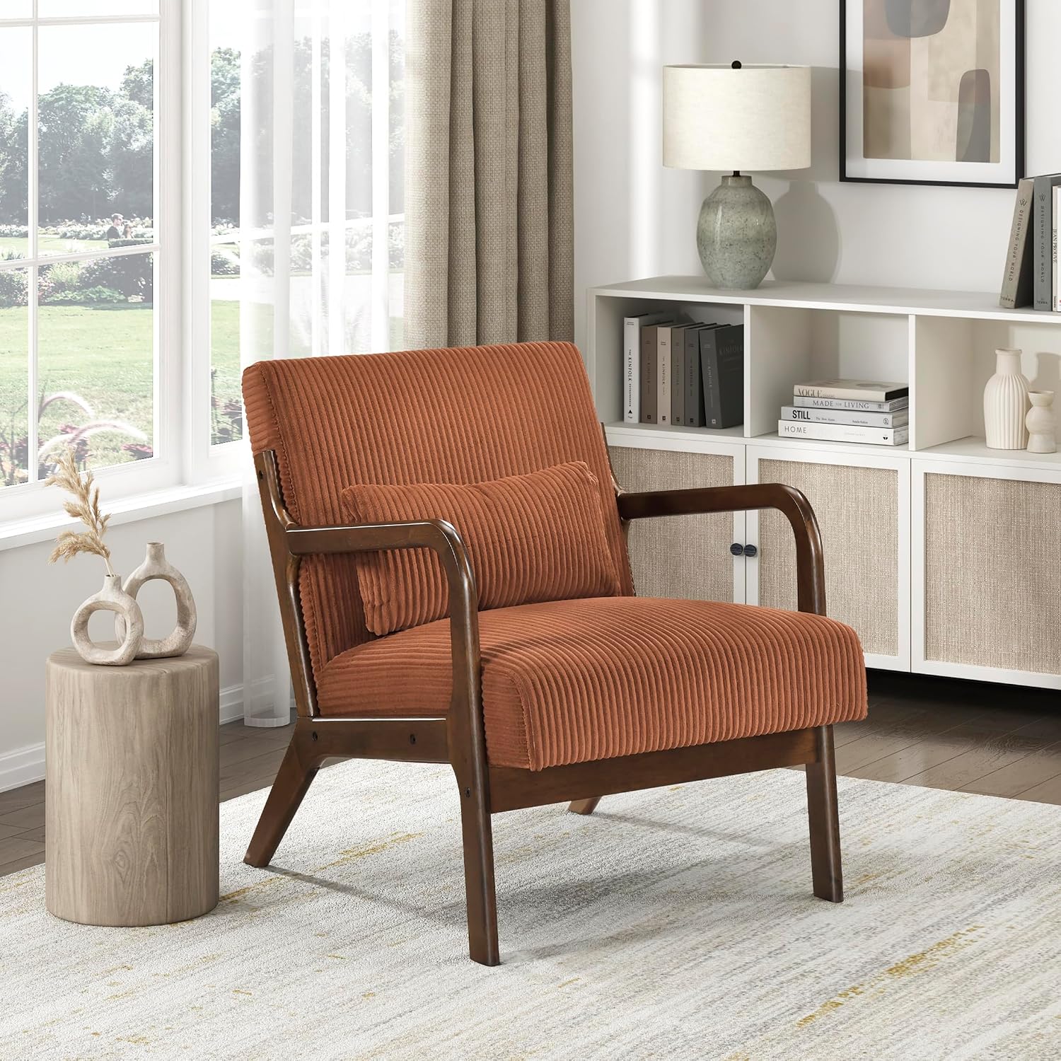Lexicon Mid Century Modern Accent Chair with Solid Wood Armrests and Legs