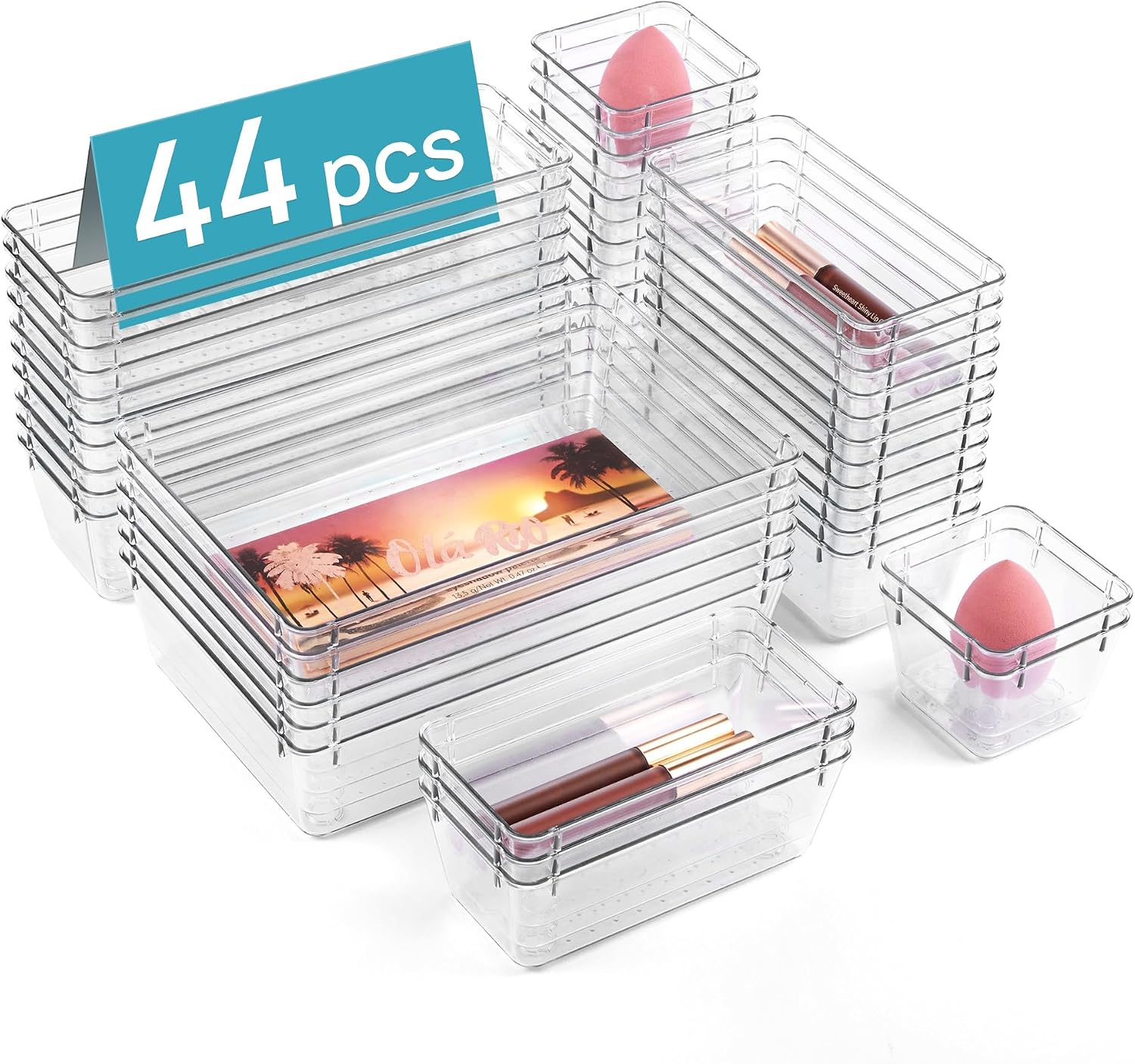 Vtopmart 44 Pcs Clear Plastic Drawer Organizers Set, Vanity Organizer Trays