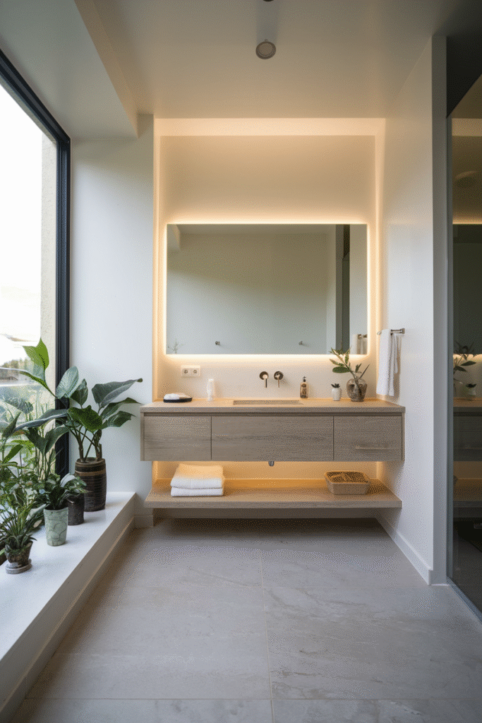 Thoughtful lighting enhancing a minimalist bathroom's calm atmosphere