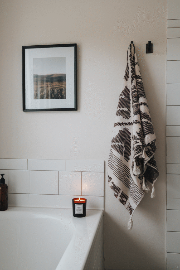 A single meaningful object adding personality to a minimalist bathroom