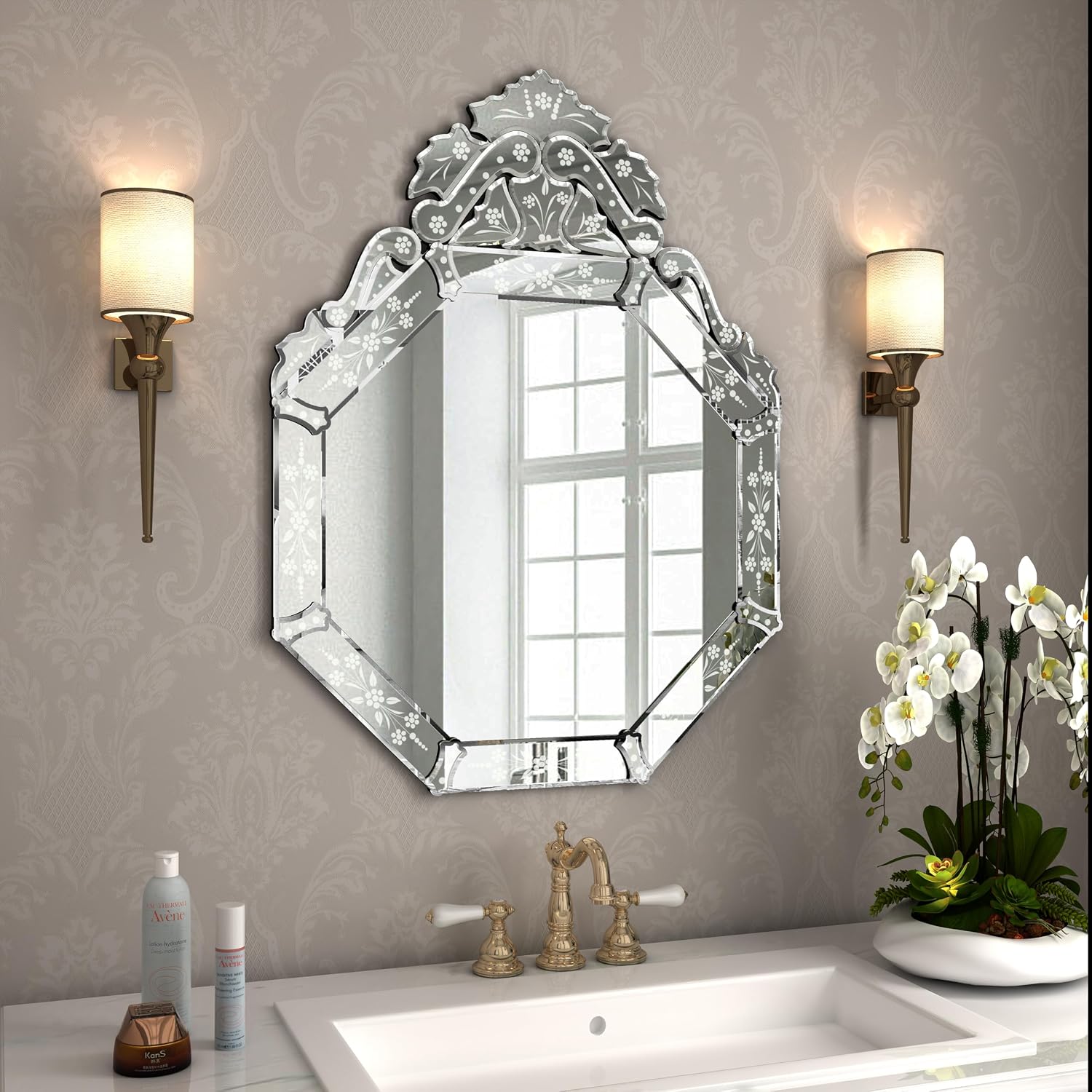 KOHROS Floral Etched Wall Mirror, 32 x 24 Inch, for Over Sink