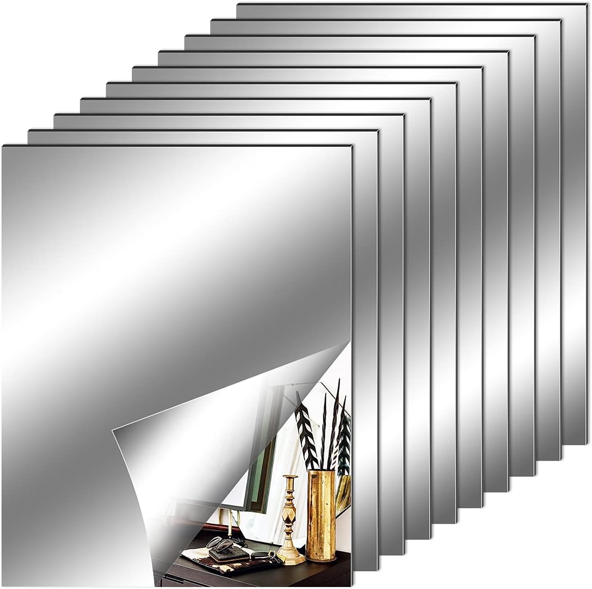 Fantasyon Flexible Mirror Sheets, 10 Pcs, Self-Adhesive Decorative Plastic Tiles