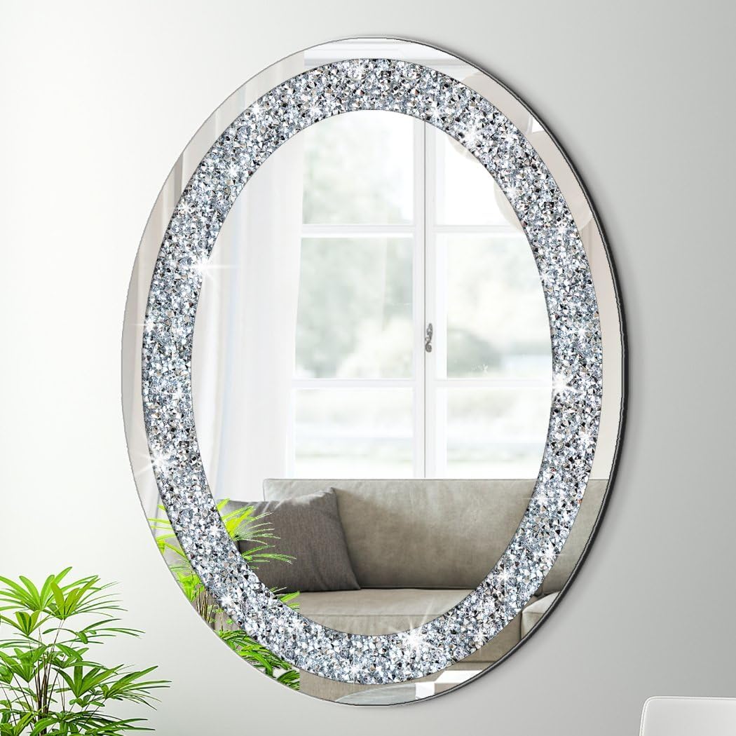 DMDFIRST Crystal Crushed Diamond Oval Silver Wall Mirror, Glam Decor
