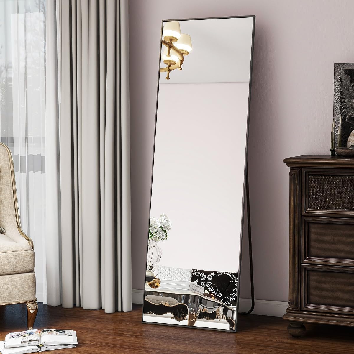 Koonmi 56 x 21 Inch Full Length Floor Mirror, Large Black Frame