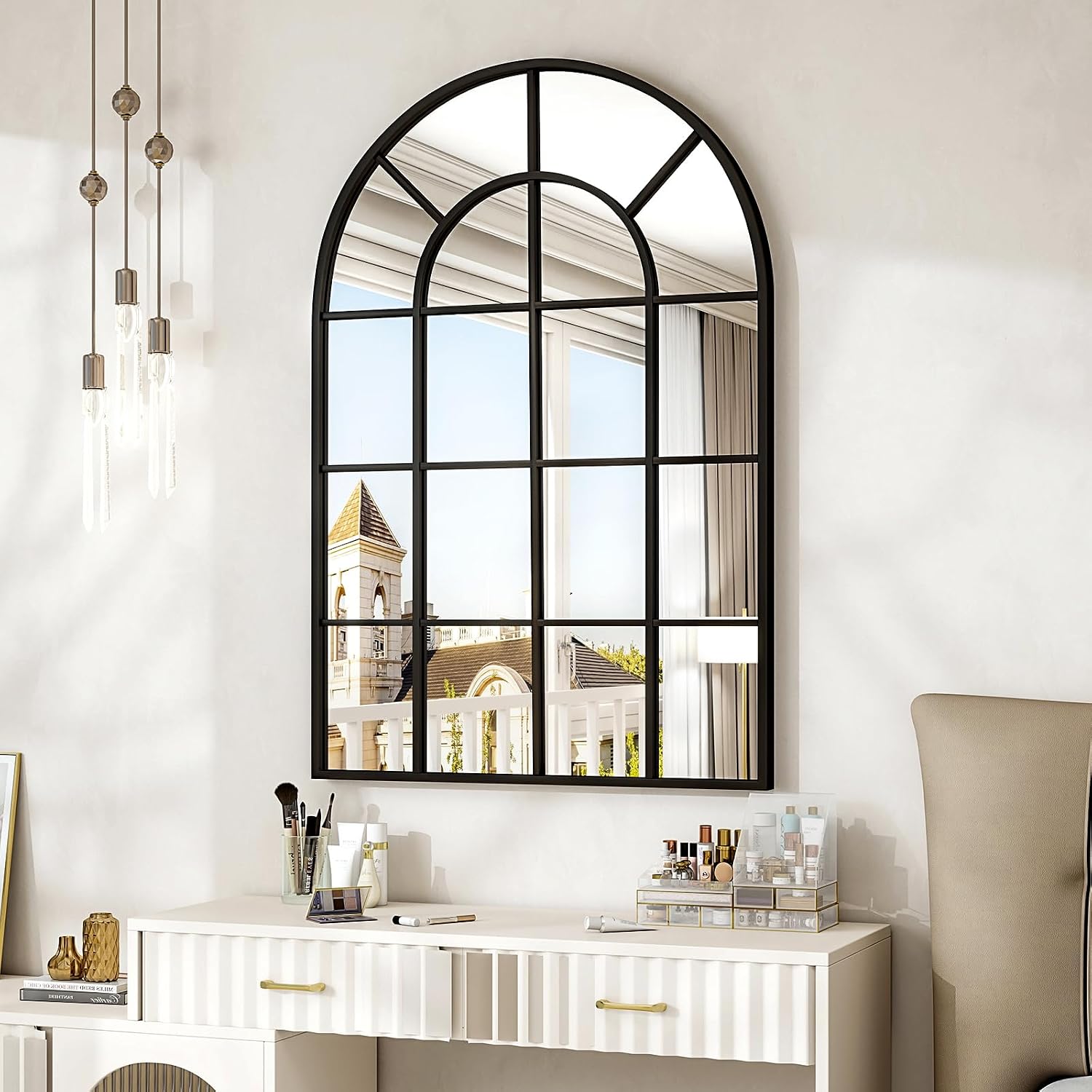 Windowpane Arched Wall Mirror, 24 x 36 Inch, Black Metal Frame