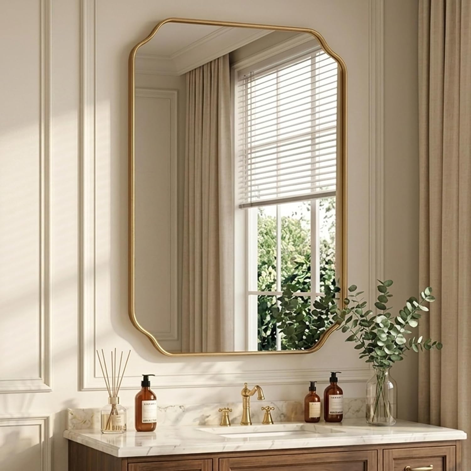 Gold Scalloped Edge Wall Mirror, 36 x 24 Inch, Vanity Mirror