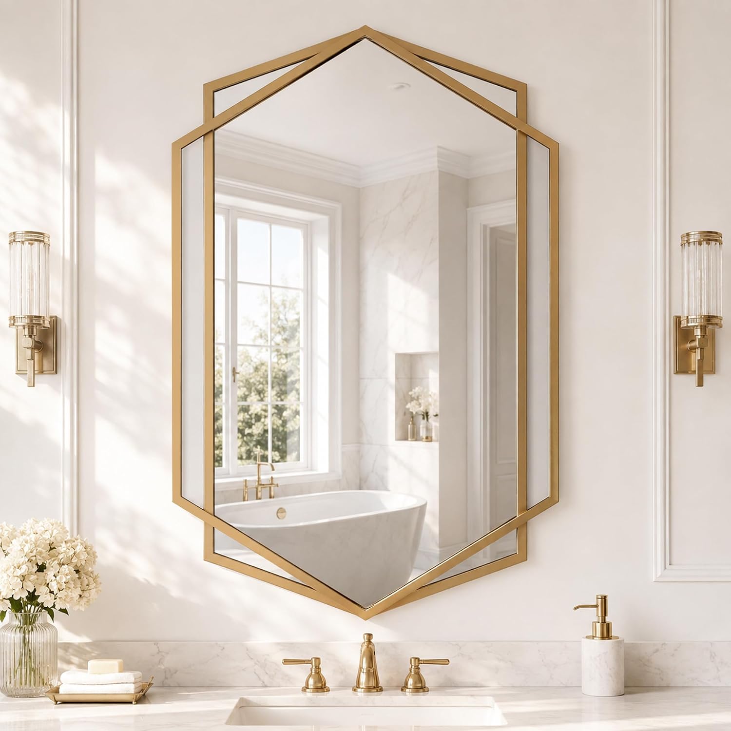 Matte Gold Hexagon Wall Mirror, 24 x 36 Inch, Vanity Mirror