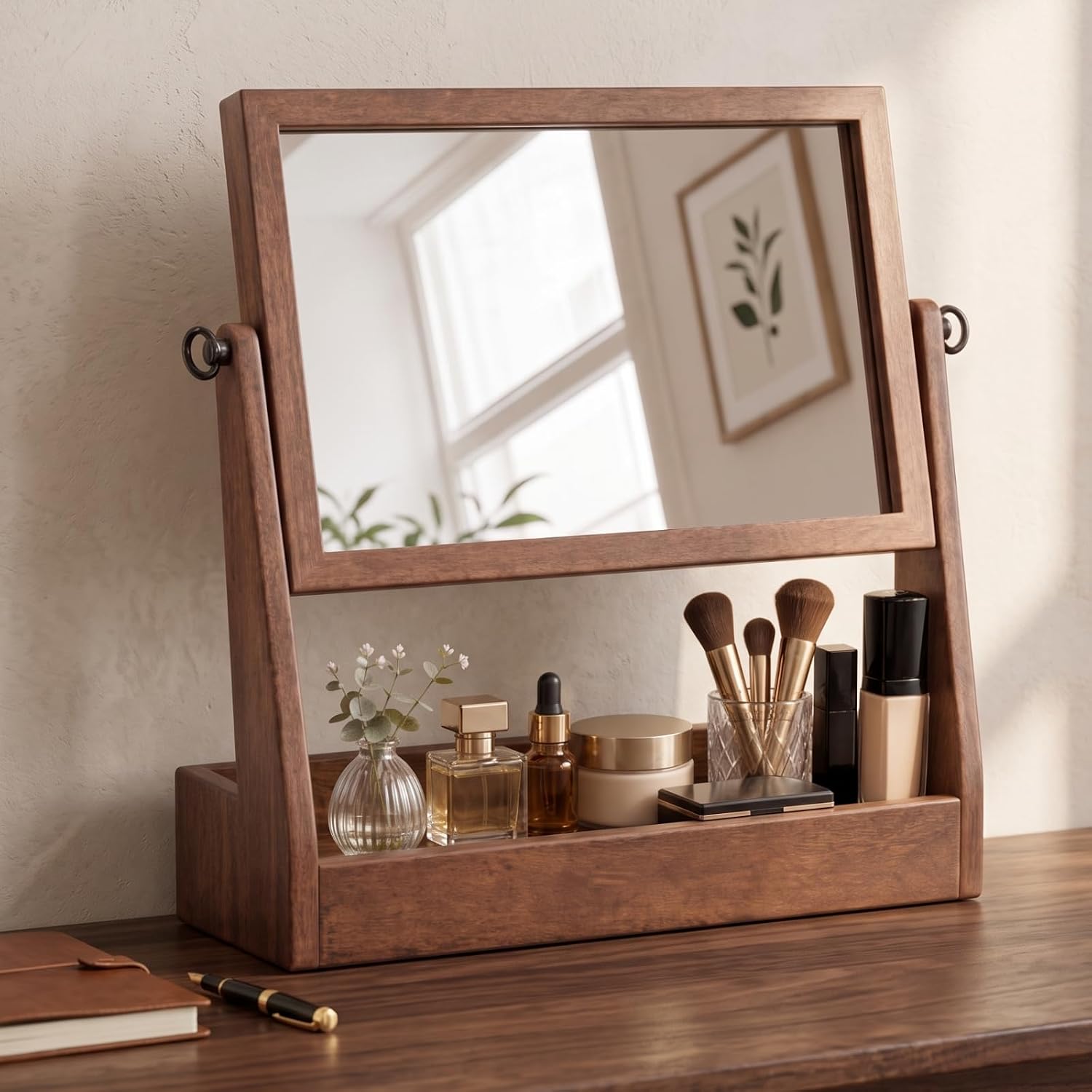 RattanView Desk Makeup Mirror with Storage, 16 Inch, Walnut Wood