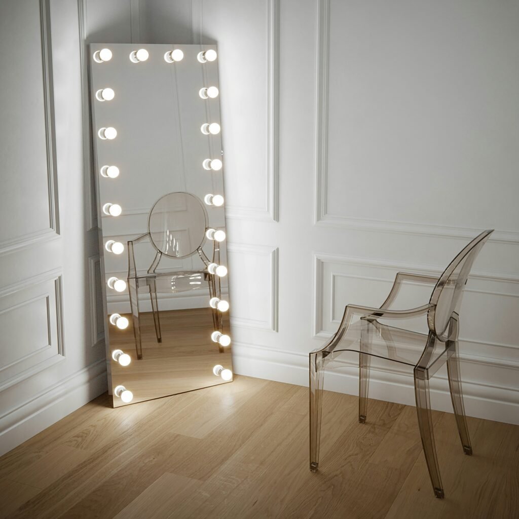 Full-length mirror ringed with warm vanity bulbs leaning in the corner of a paneled room