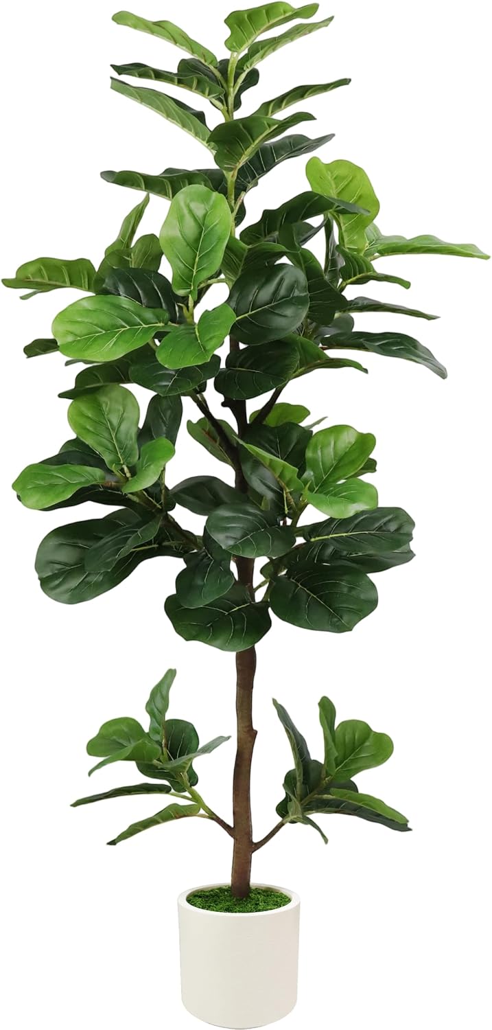5 Ft Artificial Fiddle Leaf Fig Tree with White Planter and Moss