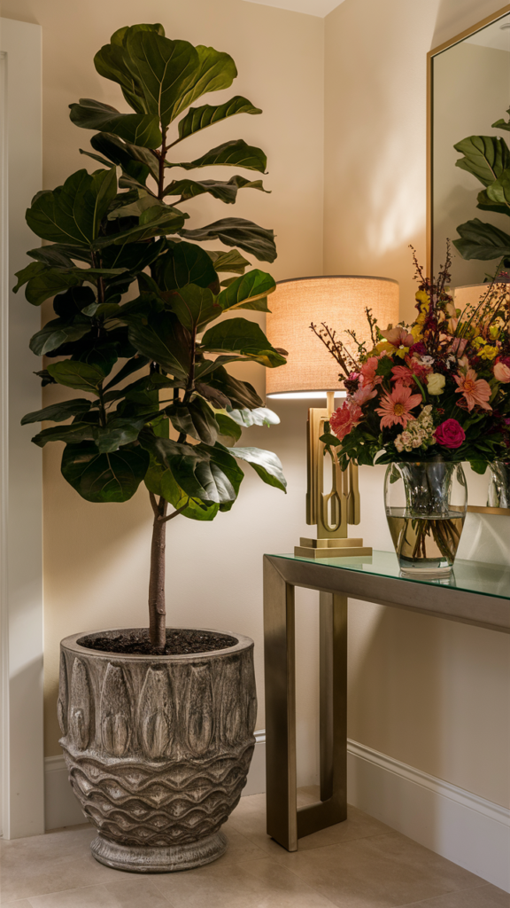 Tall fiddle-leaf fig plant in a textured ceramic pot beside a glass console table with a lamp and a vase of fresh flowers