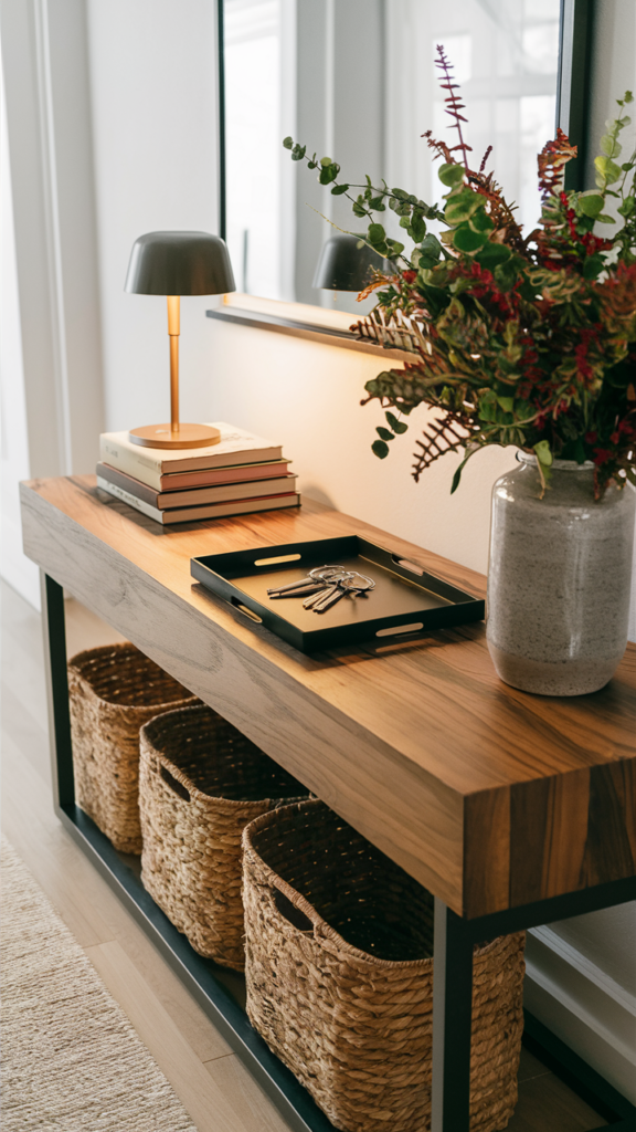Wood console table with woven storage baskets underneath, a black tray holding keys, a stack of books, a lamp and a vase of flowers