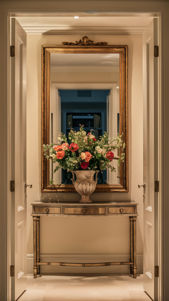 Ornate gold vintage mirror hanging above a console table with a large floral arrangement in a stone urn