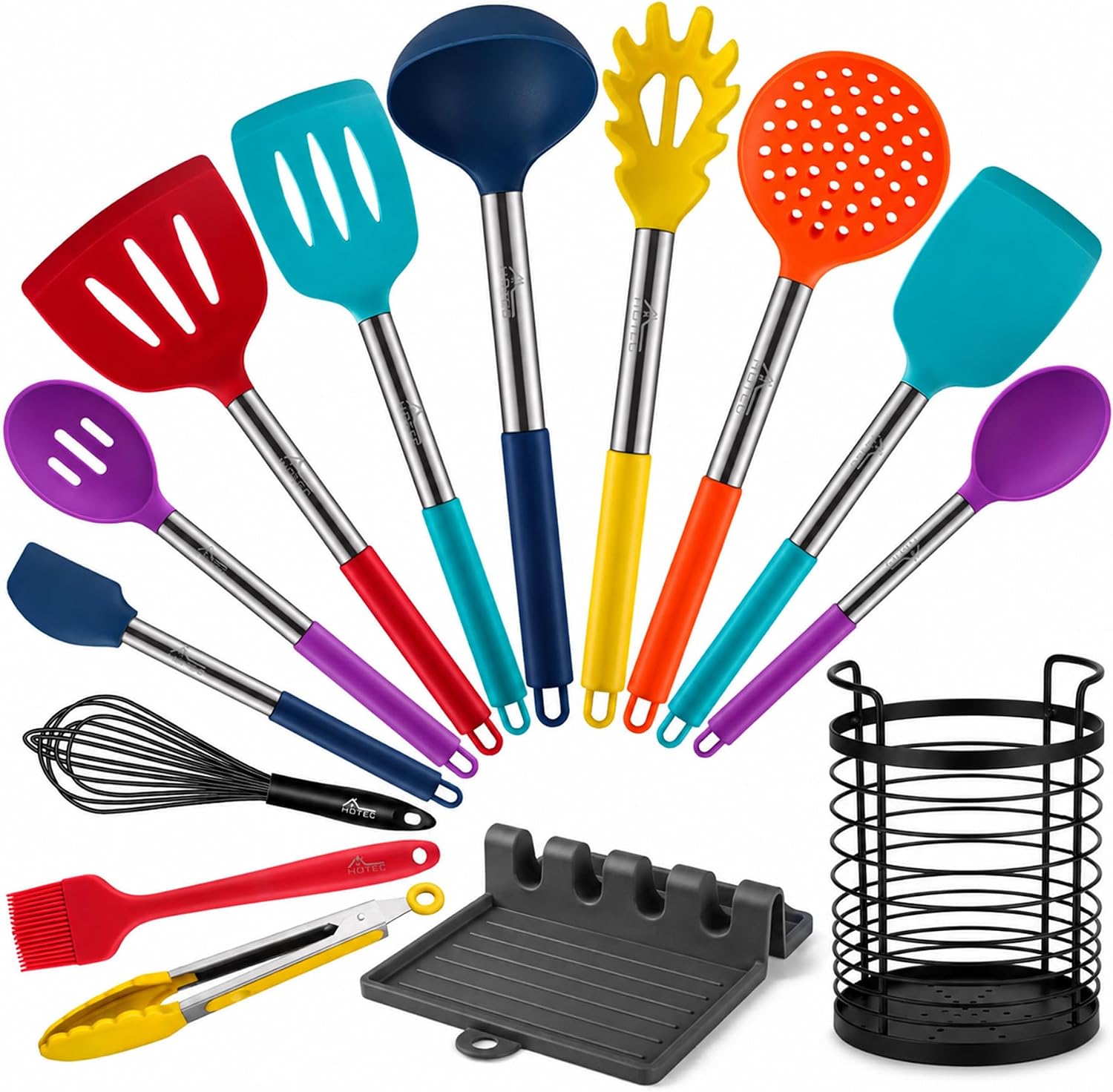 HOTEC Silicone Kitchen Cooking Utensils Set, 14 Pcs, Multicolor