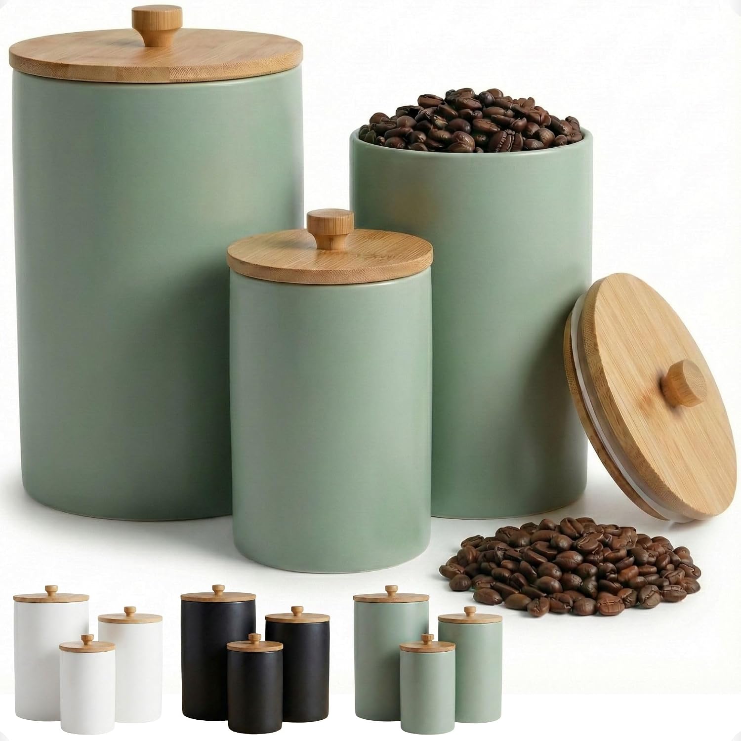 Ceramic Kitchen Canisters, Set of 3, Sage Green, with Airtight Bamboo Lids