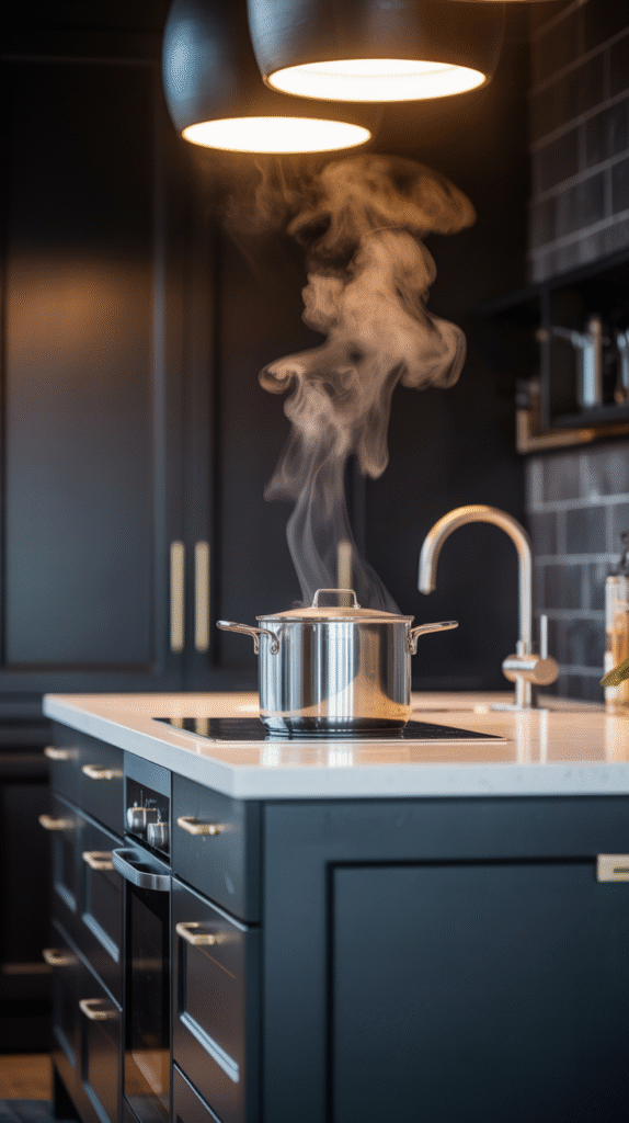 A dramatic charcoal and gold kitchen color pairing