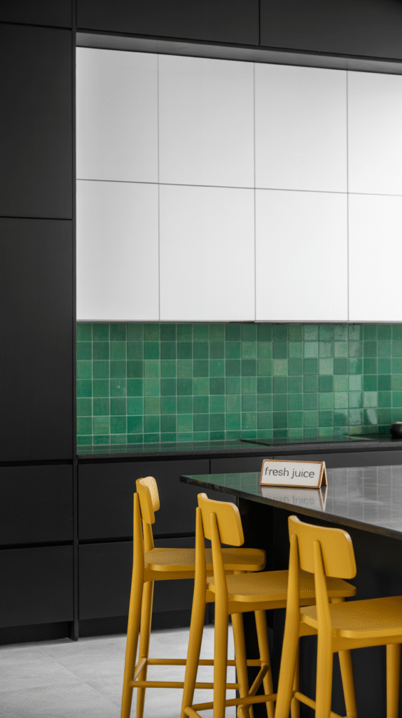 A black and white kitchen with a bold splash of accent color