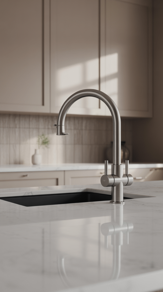 An understated, cool greige and black kitchen color pairing