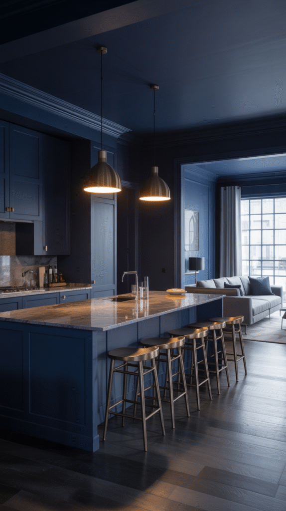 A bold, moody navy and brass kitchen color pairing