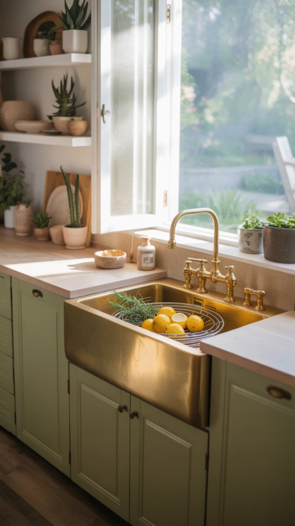 A soft, sophisticated sage green and cream kitchen pairing