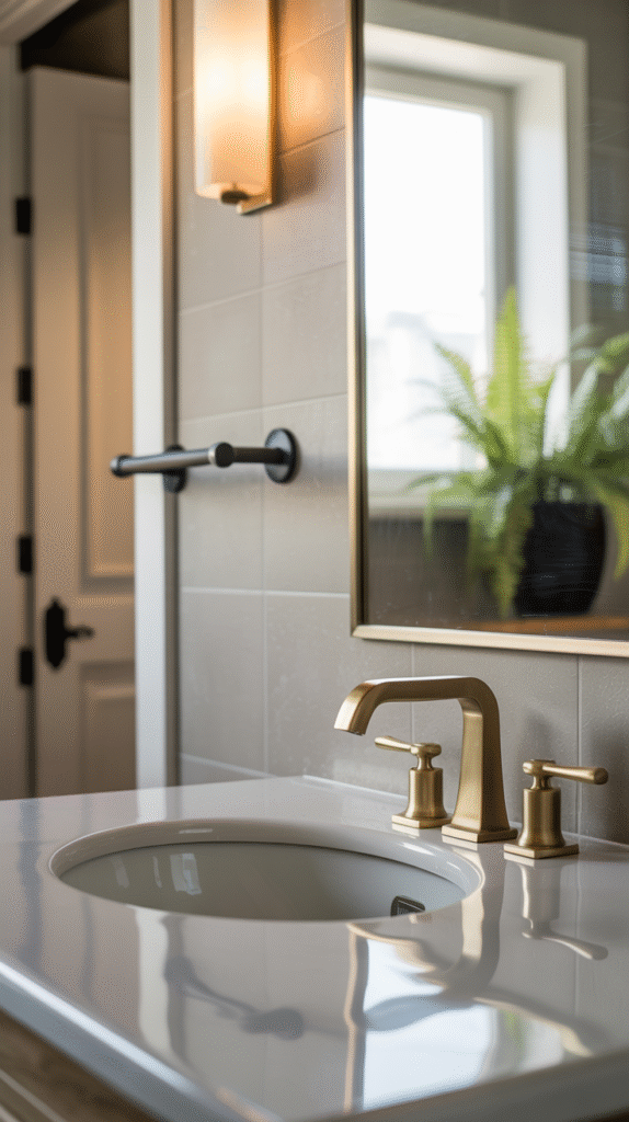 Mixed metal fixtures combining gold and black finishes in a bathroom