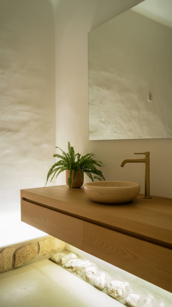 Textured limewash white walls in a modern Spanish bathroom