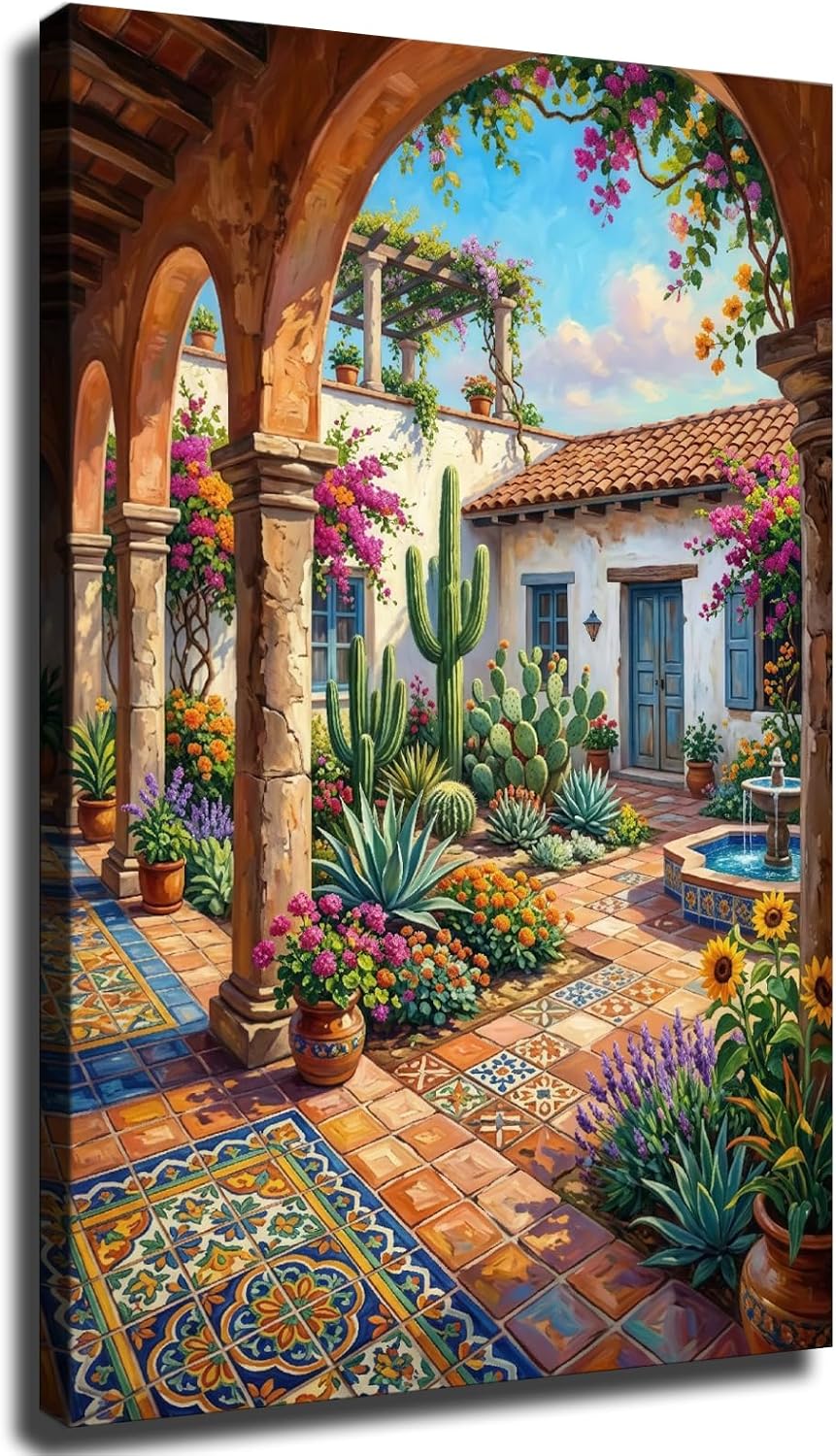 Retro Spanish Courtyard Architecture Framed Canvas Wall Art, 24 x 36 Inch