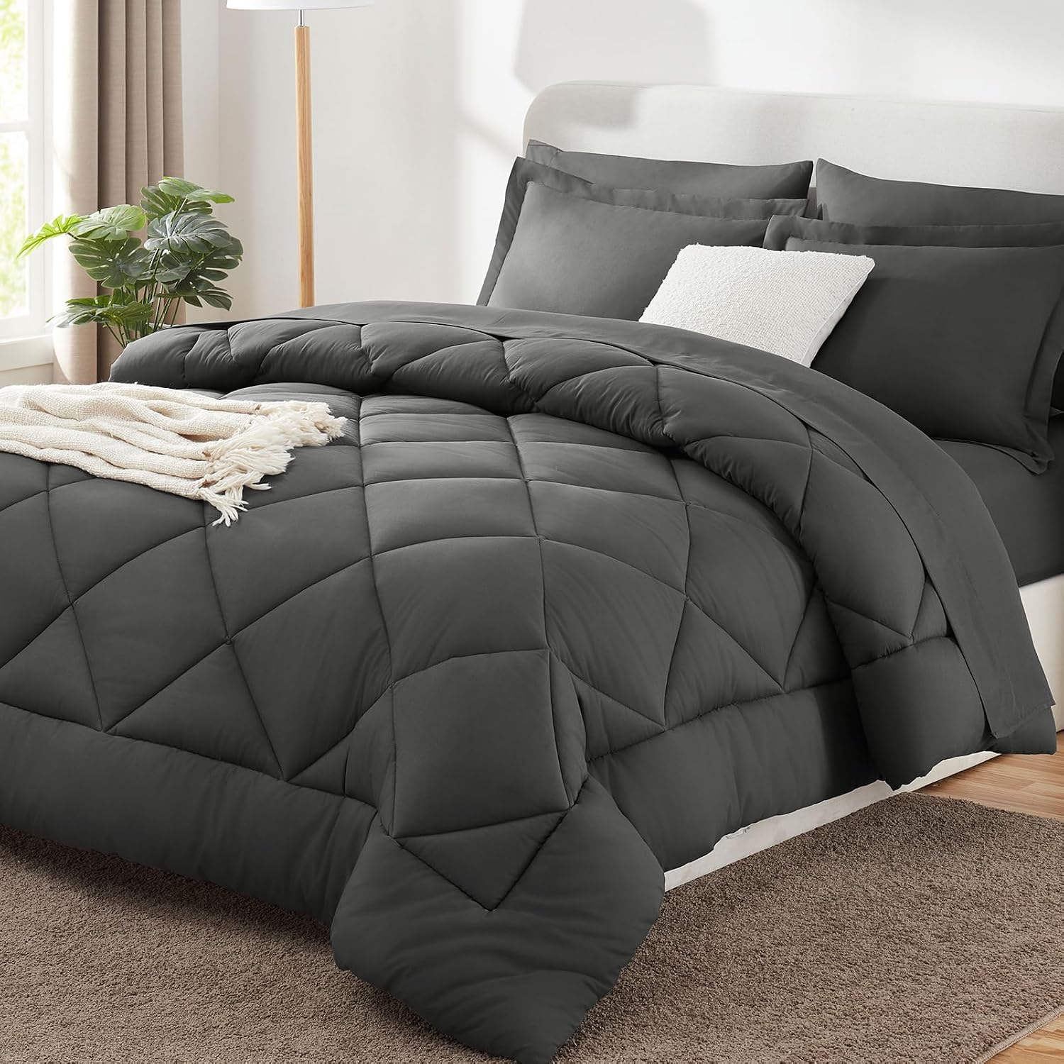CozyLux Queen Comforter Set 88'x88' Dark Grey - 7 Piece Bed in a Bag