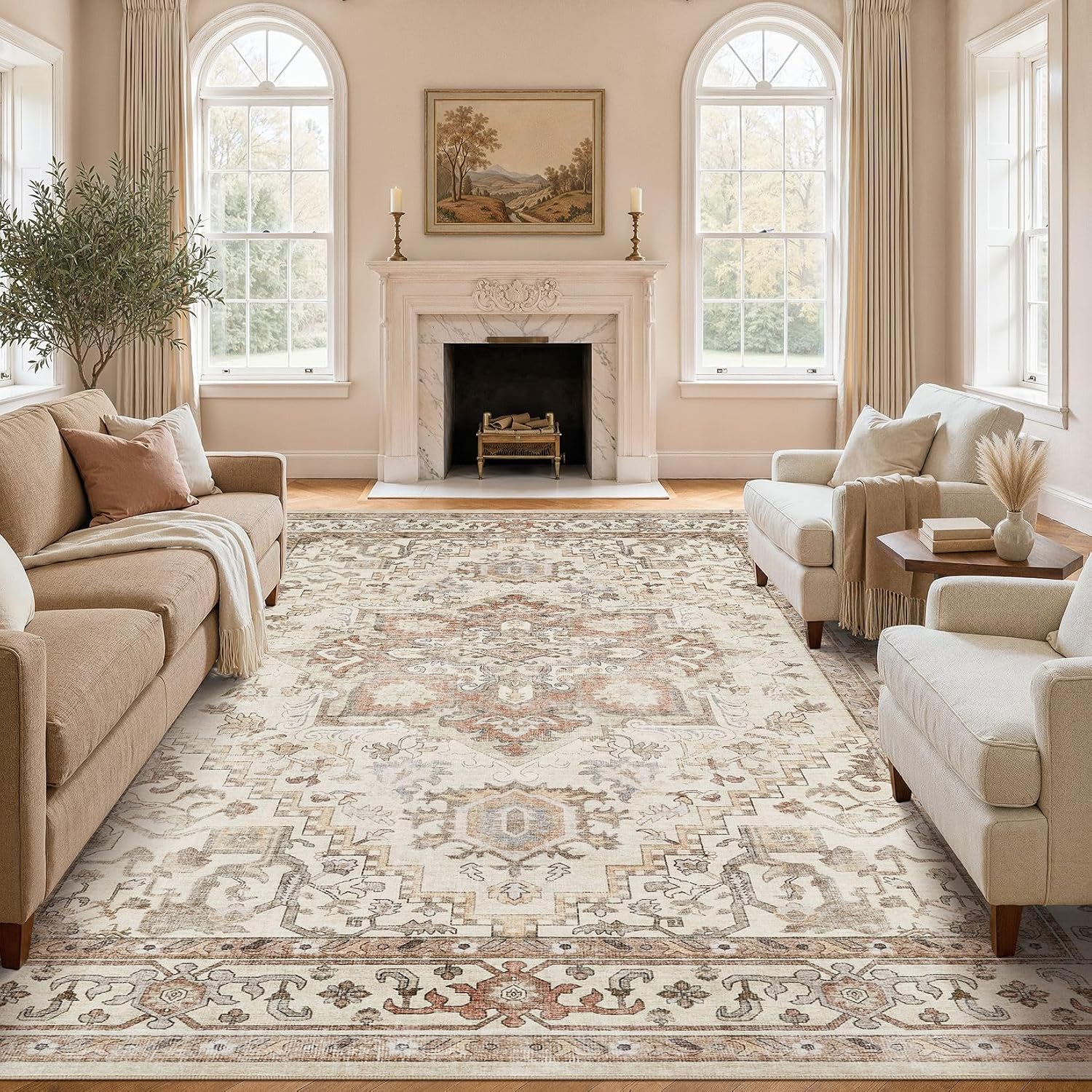 DTICON Vintage Washable 8x10 Area Rug Living Room Rugs, Beige
