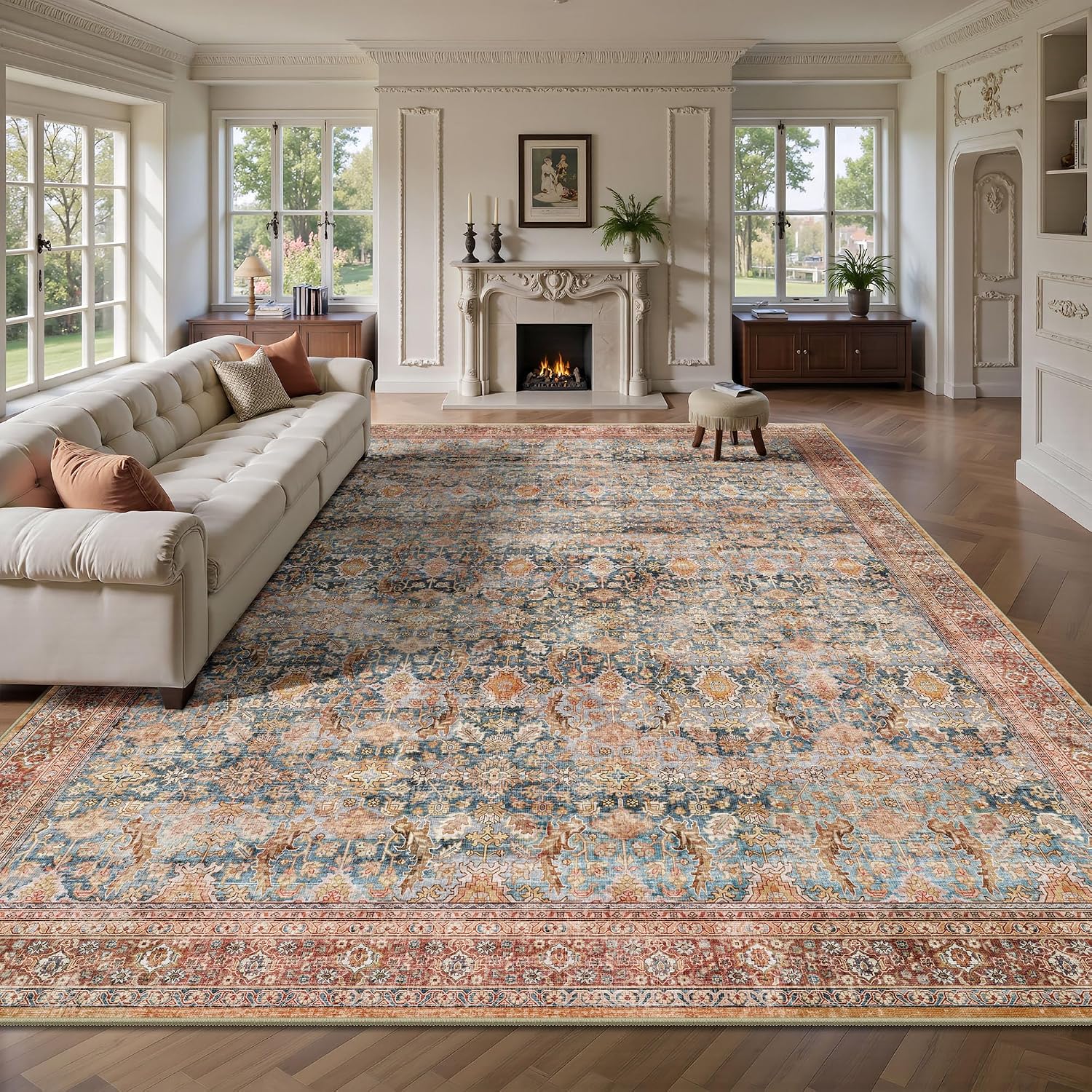 8x10 Area Rugs for Living Room - Washable Vintage Retro Large Rug, Soft Ultra Thin Non Slip Low Pile Traditional Distressed Boho Carpet for Bedroom Dining Room Home Office, Rust Clay