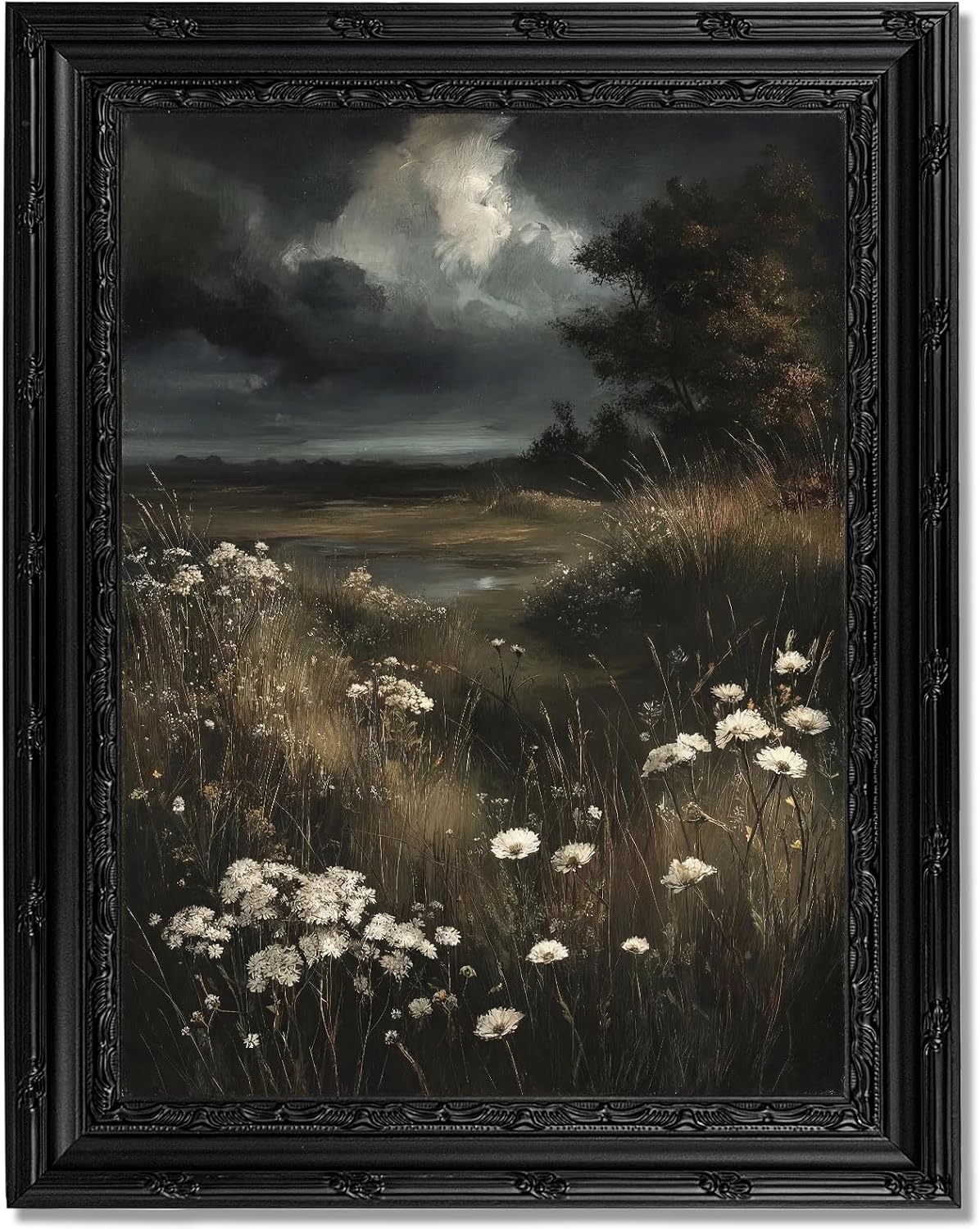 Dark Moody Landscape Framed Wall Art, Vintage Gothic Wildflower Meadow Canvas Print with Ornate Black Carved Frame, Dark Academia Aesthetic Wall Decor for Bedroom Living Room Halloween