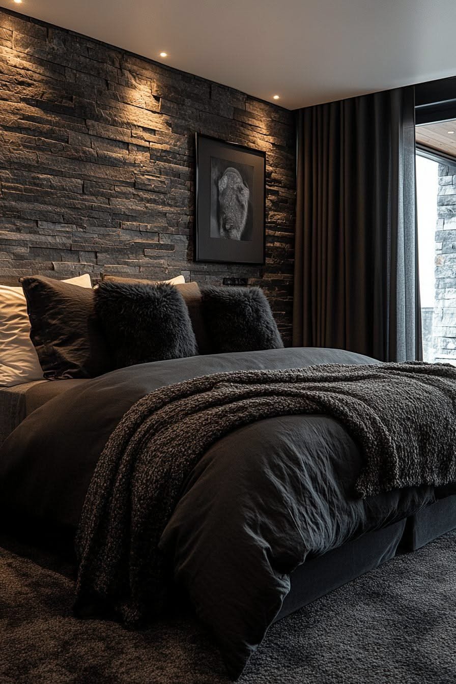 Uplit black stacked stone accent wall behind a bed layered with charcoal bedding and faux fur pillows
