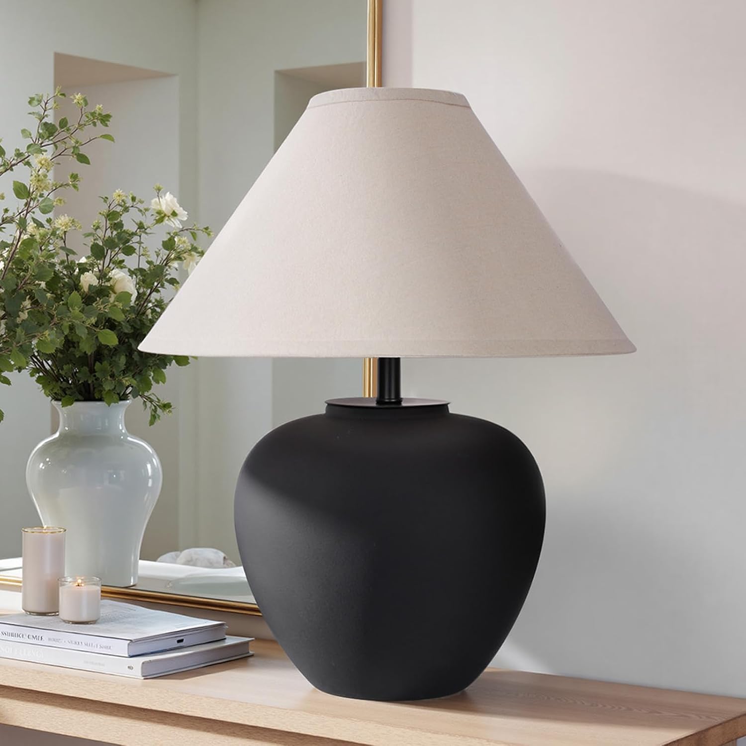 YEPDIN Ceramic Pot Table Lamp, 18.5 Inch, Frosted Black Nightstand Lamp with Tapered Shade
