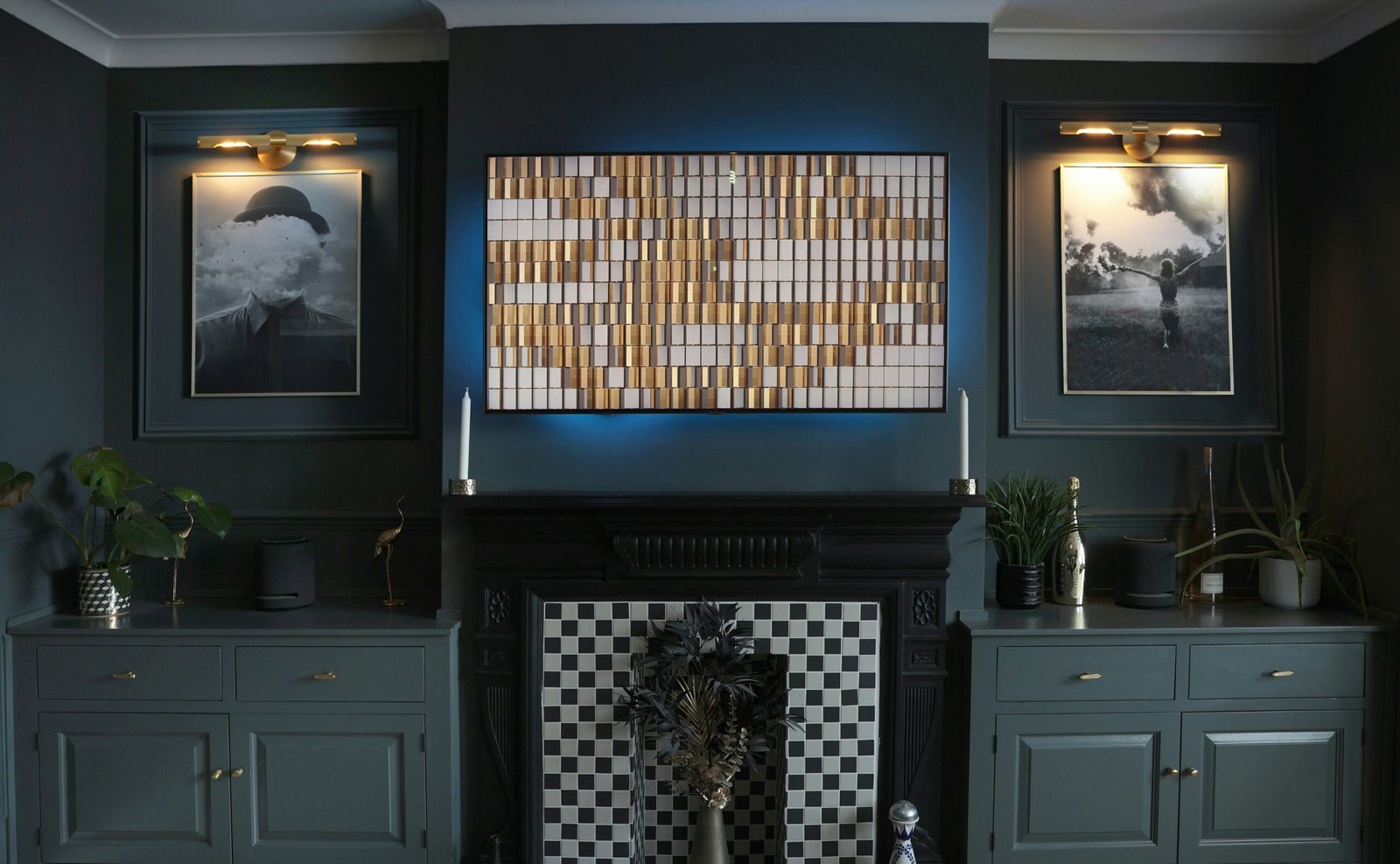 Stunning moody living room with rich, dramatic styling