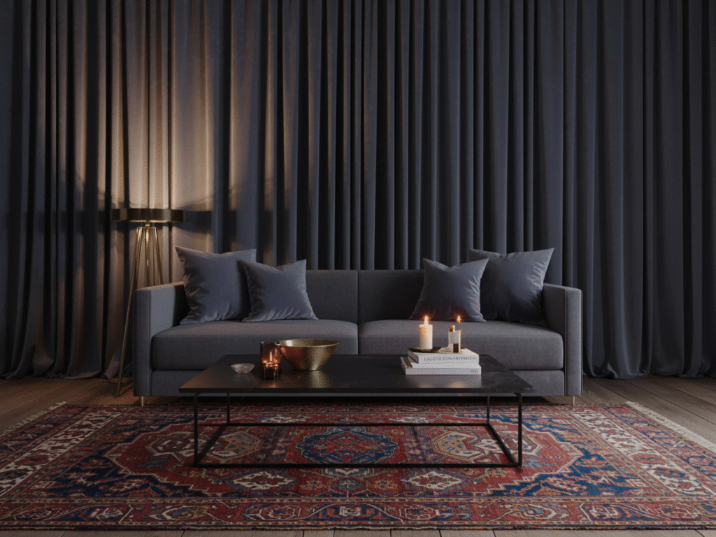 Layered rugs and curtains extending the moody palette floor to ceiling