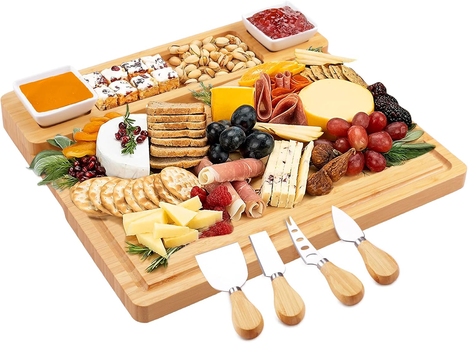 Bamboo Charcuterie Board and Knife Set, Wine, Meat and Cheese Platter