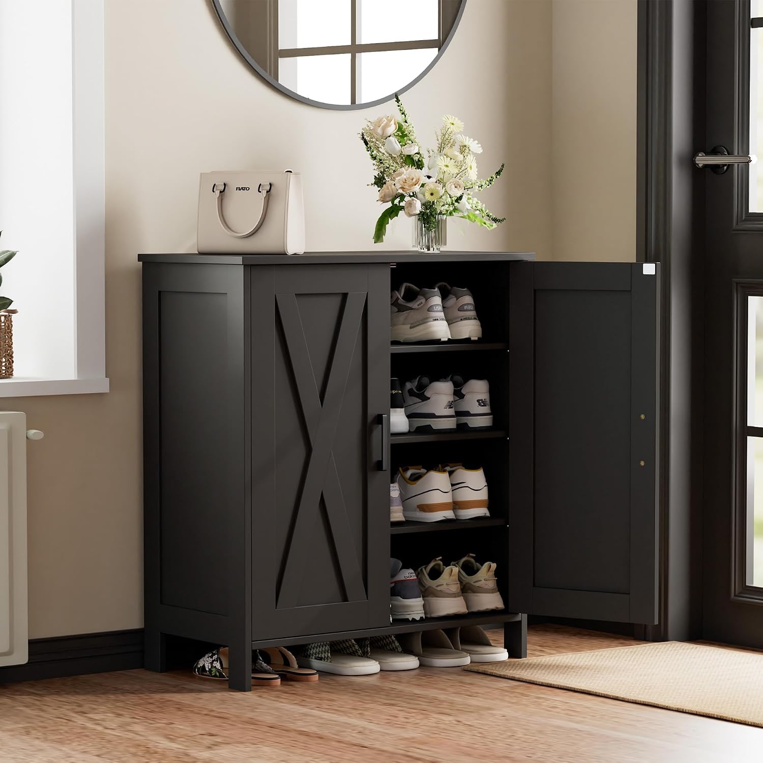 Homleke Farmhouse Shoe Cabinet with 2 Barn Doors and Wood Legs