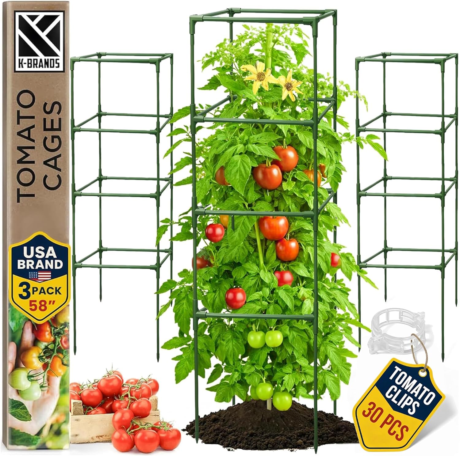 Tomato Cages for Garden, 3 Pack, 58 Inch Square Trellis Stakes