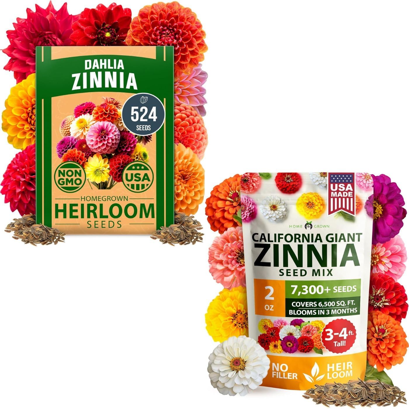 HOME GROWN Zinnia Seeds Bundle, California Giant and Dahlia Zinnia Mix