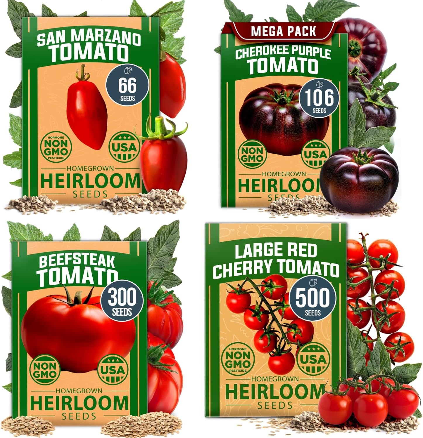 HOME GROWN Heirloom Tomato Seed Bundle, San Marzano, Cherokee Purple, Beefsteak and Cherry