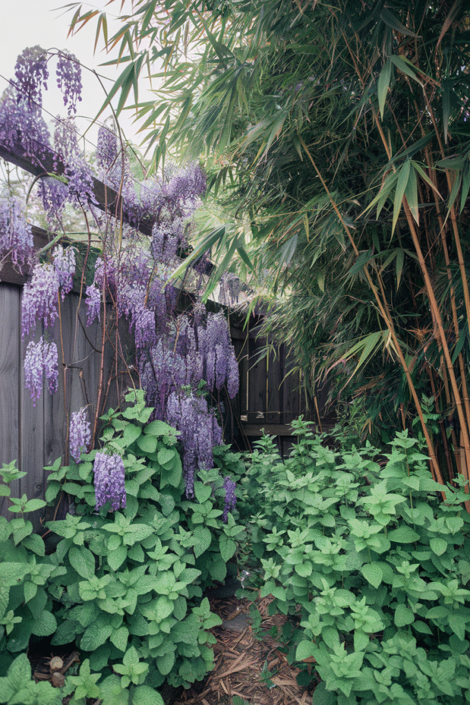 Wisteria vine with hanging purple blooms tangled together with bamboo and spreading mint along a wood fence