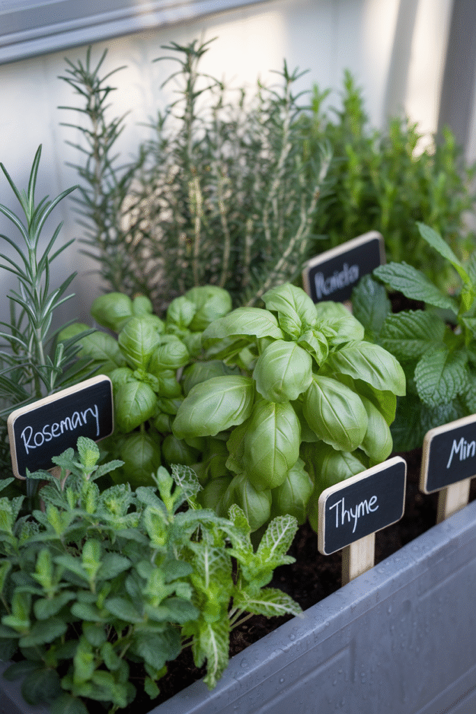 Labeled herb planter box with rosemary, basil, thyme and mint growing in separate sections with small chalkboard plant markers