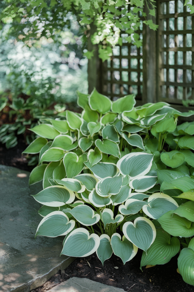 Variegated green and white hosta leaves growing in a shaded garden bed beside a wood lattice trellis