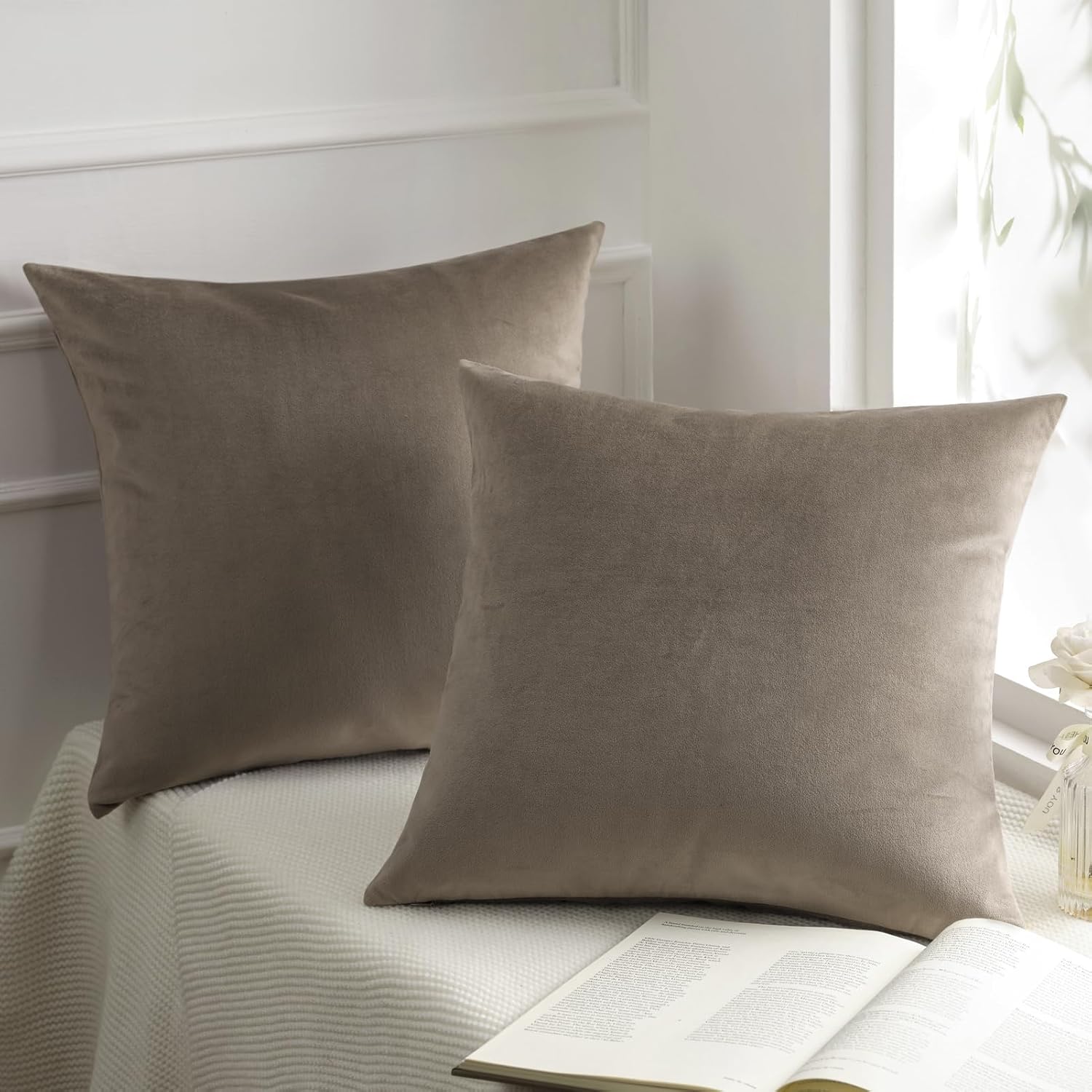 Phantoscope Velvet Decorative Throw Pillow Covers, Taupe, Pack of 2
