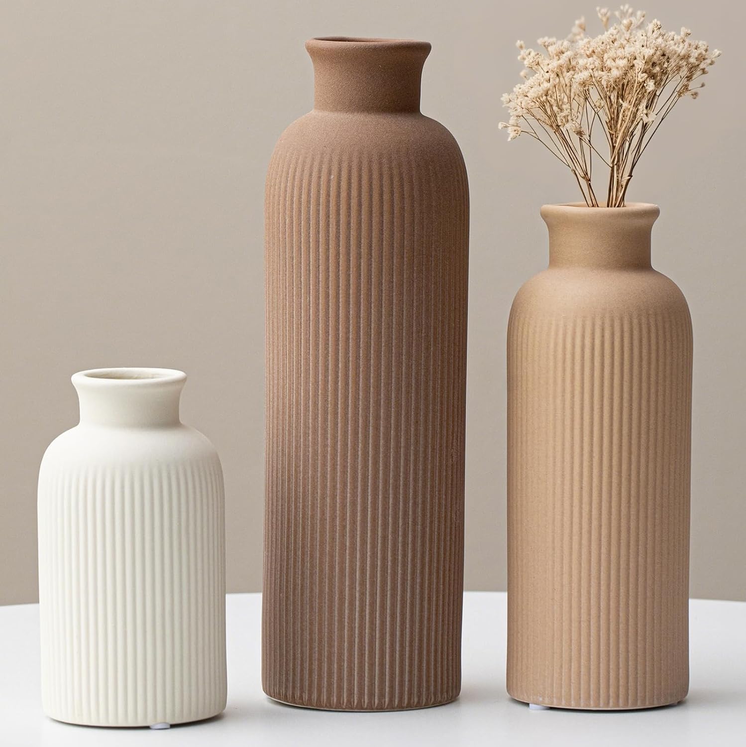 Modern Ceramic Vase Set, Earth Tone Ribbed Matte Design, 3 Piece