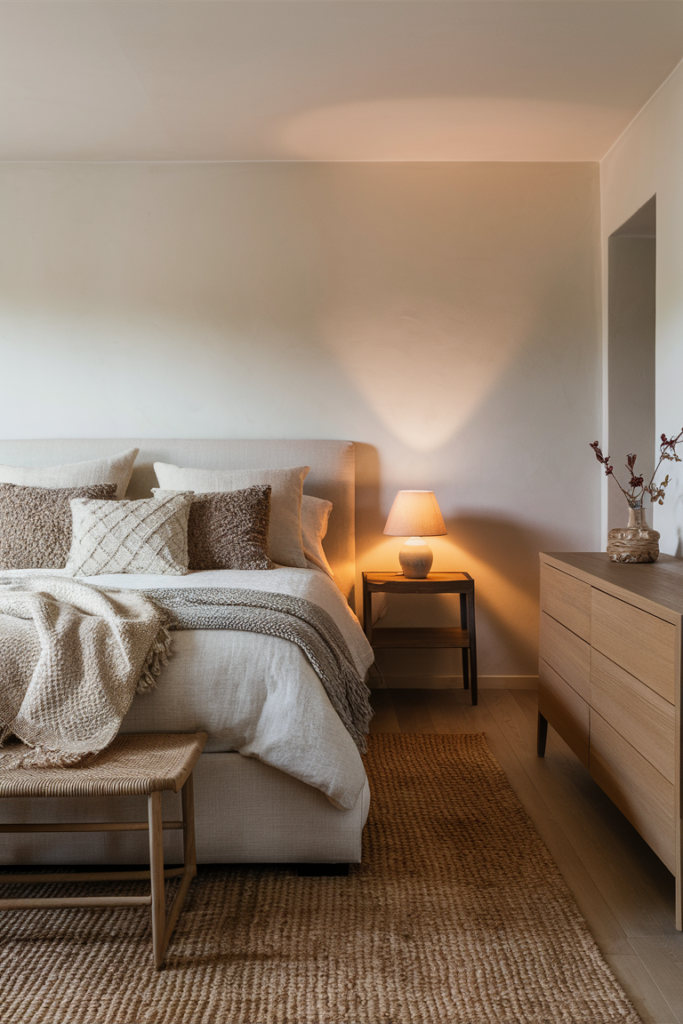 Neutral bedroom layered with varied textures like linen and knit throws