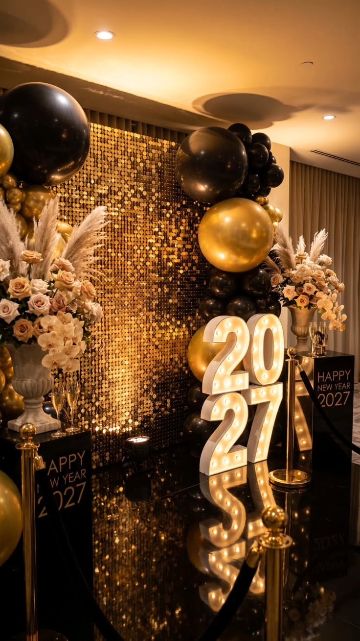 A gold sequin backdrop with black and gold balloons and a lit 2027 marquee sign behind a velvet rope