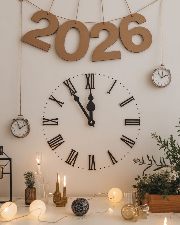 A cardboard 2026 sign hanging above a wall clock with pocket watches, candles, and greenery