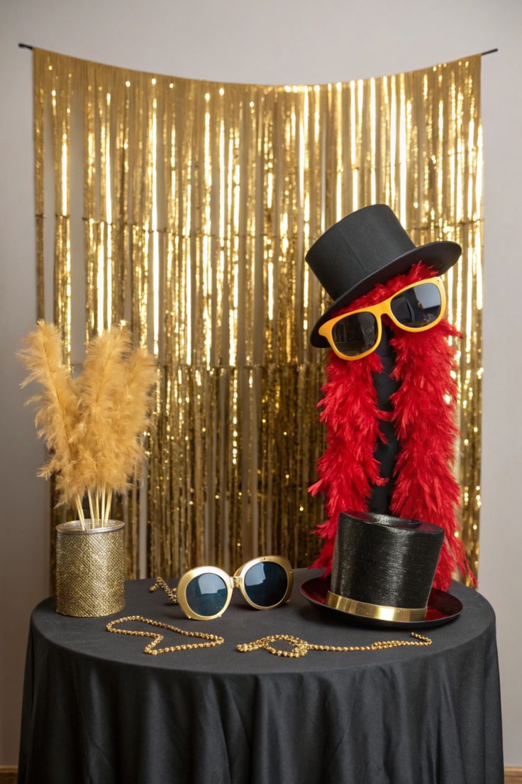 A gold fringe photo booth backdrop with a top hat, feather boa, sunglasses, and pampas grass